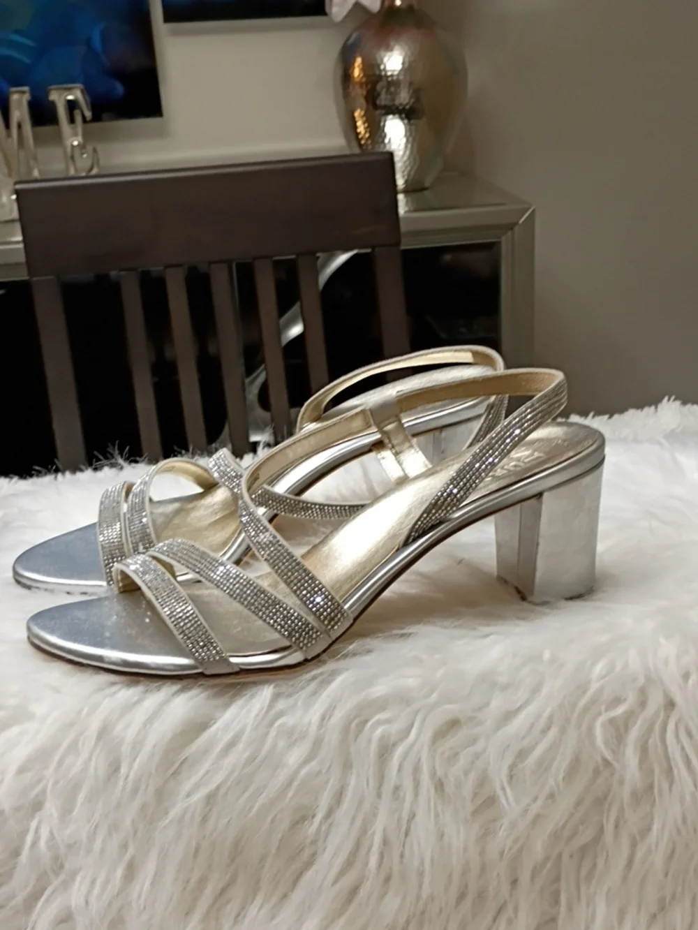 Naturalizer Metallic Strappy Low Block Heel Rhinestone Sandals - Silver Gold